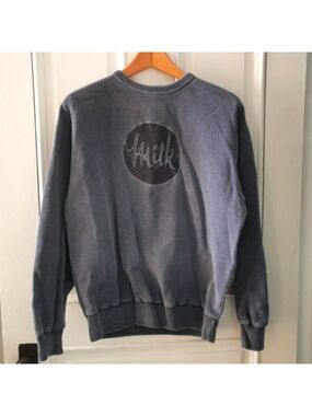 Men's Vintage Non-fiction Milk novelty sweater. Slate blue. 80s. Size small. EUC